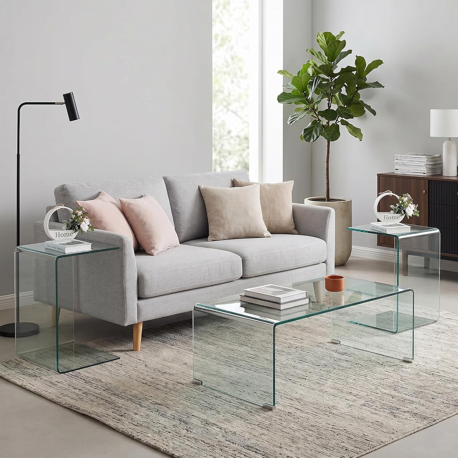 Modern 3 Piece Tempered Glass Living Room Table Set, 39.4' Waterfall Coffee Table & 2 Glass C Table, 12mm Ultra-Thick Coffee Table Set, No Assembly Required, Minimalist Small Space Solution