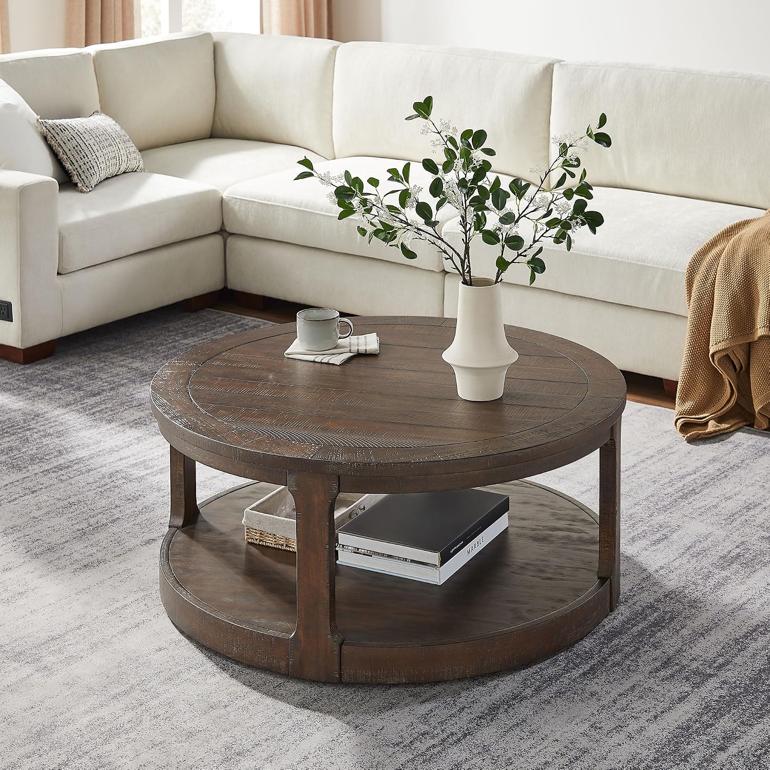 40' Round Coffee Table for Living Room, Circle Coffee Table with Storage Shelf, 2-Tier Wooden Center Tables, Mid Century Farmhouse End Table for Office Apartment Bedroom Home Furniture, Brown