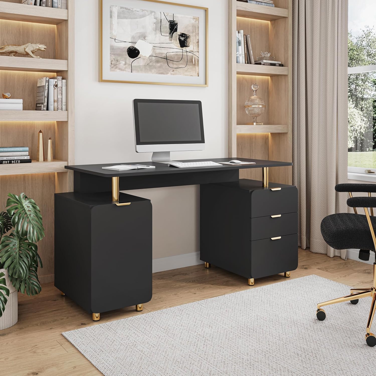 Elegant 57' W Executive Desk with 3 Drawers and Storage Cabinet, Modern Office Desk with Gold Accents, Floating Work Surface, Closed Storage with Ventilation & Adjustable Shelf (Black,Gold)