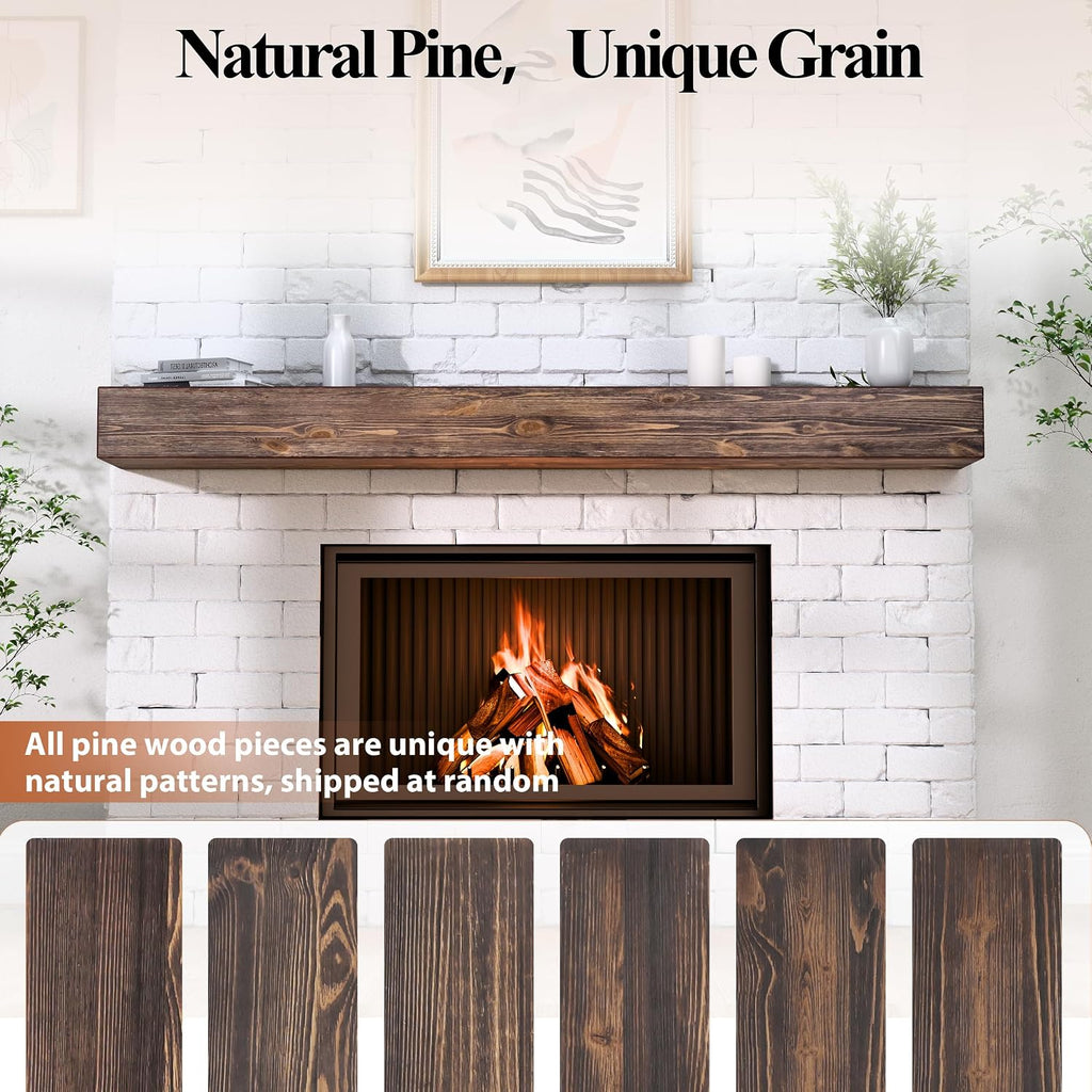 72 Inch Fireplace Mantel Shelf - 8' Deep Solid Wood Floating Mantel for Over Fireplace - 120LBS with Invisible Bracket - Handcrafted TV Decor for Livingroom & Bedroom - Charred Rustic Brown