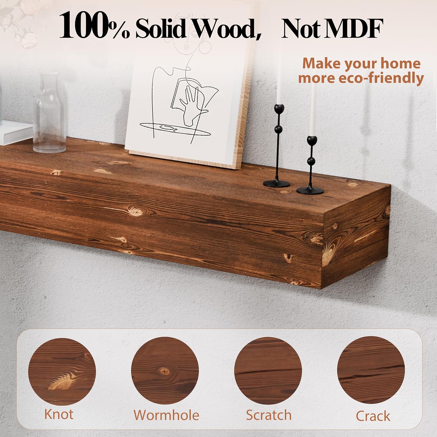 60 Inch Fireplace Mantel Shelf - 8' Deep Solid Wood Floating Mantel for Over Fireplace - 90LBS with Invisible Bracket - Handcrafted TV Decor for Livingroom & Bedroom - Rustic Brown