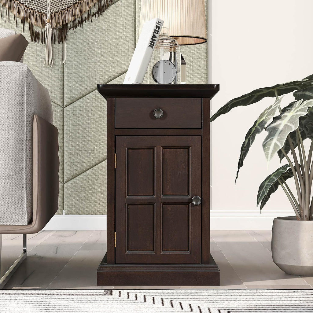 Multifunctional Classic Vintage End Table with USB Ports and 1 Drawer with Cup Holders, Sofa Side Narrow Table, Bedside Nightstand for Living Room Bedroom (Antique Espresso)