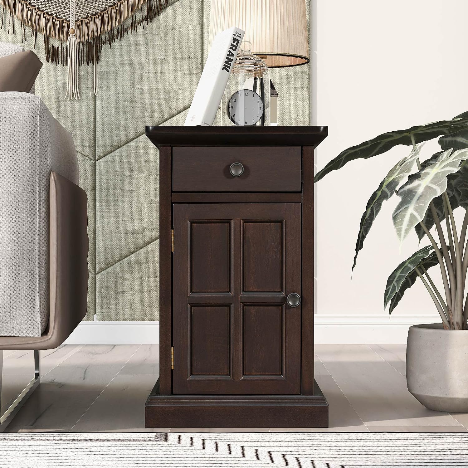 Multifunctional Classic Vintage End Table with USB Ports and 1 Drawer with Cup Holders, Sofa Side Narrow Table, Bedside Nightstand for Living Room Bedroom (Antique Espresso)