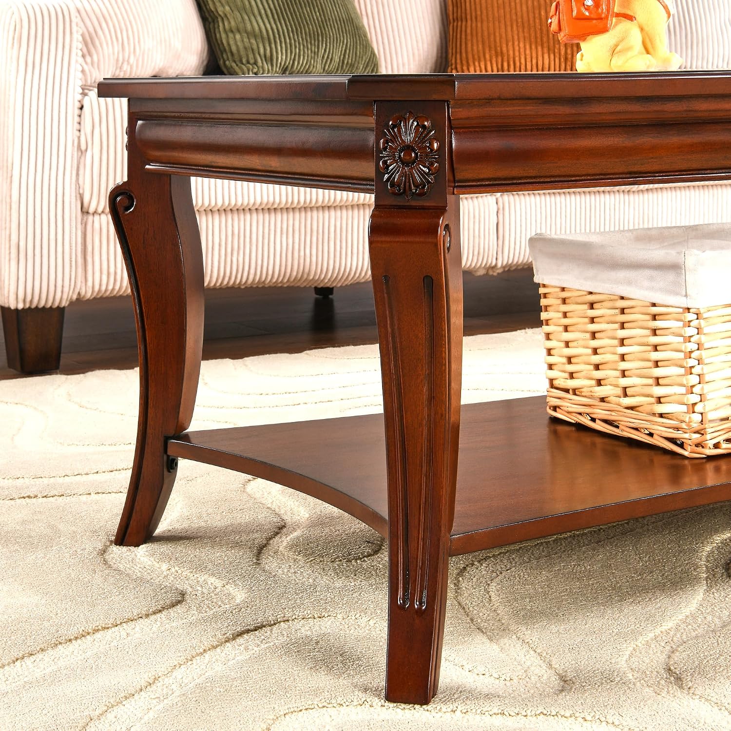 Traditional Rectangle Coffee Table with Tempered Glass for Living Room, Farmhouse Cocktail Table with Storage Shelf, Sofa Center Table for Office, 23.6'D x 47.2'W x 17.9'H,Cherry Brown KFZ-A1168-GT