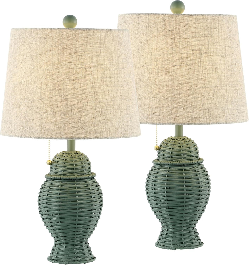 JONATHAN Y 20.5' Green Wicker Table Lamp Set of 2, Bohemian Rustic Farmhouse Bedside Lamps for Living Room, Nightstand Desk Lamps with Beige Linen Shade, LED Bulbs Included (JYL4041C-SET2)