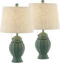 JONATHAN Y 20.5' Green Wicker Table Lamp Set of 2, Bohemian Rustic Farmhouse Bedside Lamps for Living Room, Nightstand Desk Lamps with Beige Linen Shade, LED Bulbs Included (JYL4041C-SET2)