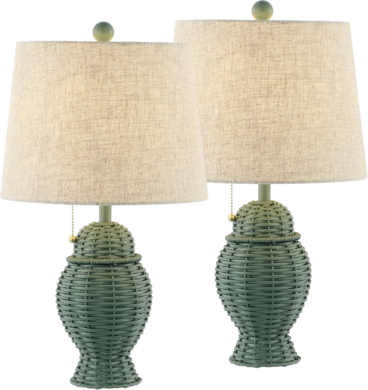 JONATHAN Y 20.5' Green Wicker Table Lamp Set of 2, Bohemian Rustic Farmhouse Bedside Lamps for Living Room, Nightstand Desk Lamps with Beige Linen Shade, LED Bulbs Included (JYL4041C-SET2)