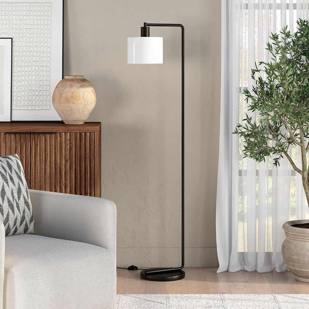 Henn&Hart 57'' Industrial 1-Light Floor Lamp with White Glass Drum Shade for Living Room, Bedroom, or Office, Black