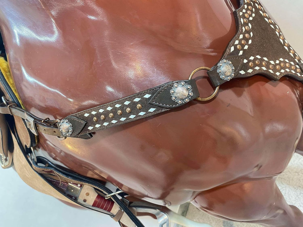 Argentina Cow Leather One Ear Headstall and Breast Collar Set - White Rawhide Buck Stitching & Copper Studs Detailing