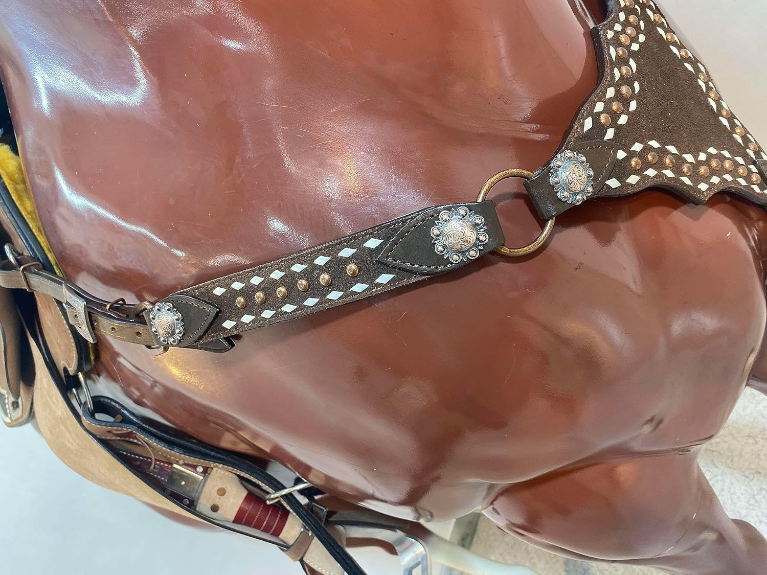Argentina Cow Leather One Ear Headstall and Breast Collar Set - White Rawhide Buck Stitching & Copper Studs Detailing