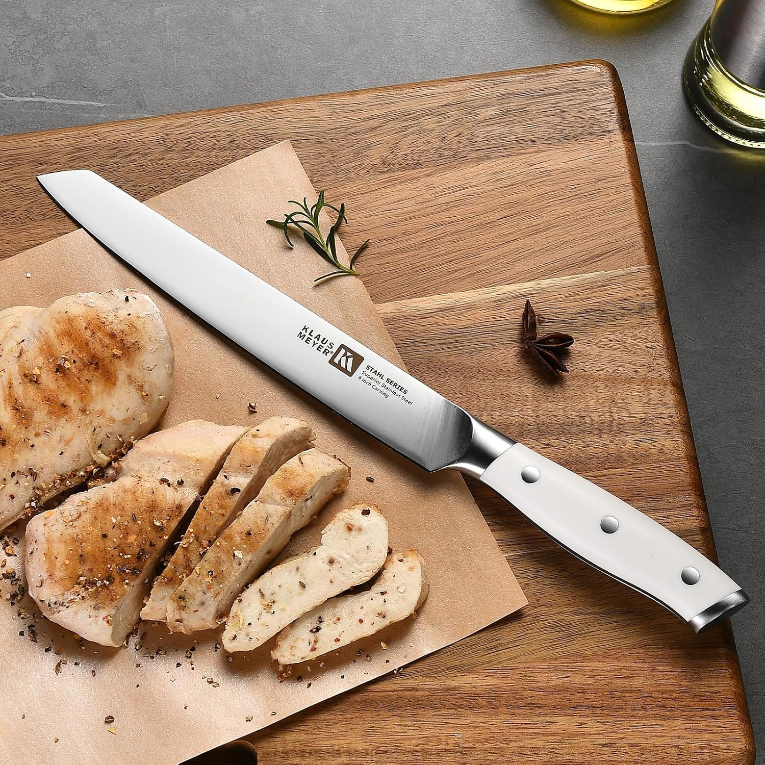 Klaus Meyer 19-Piece Knife Block Set, High Carbon German Stainless Steel (Stahl), Full-Tang Handles with Sharpener (White)