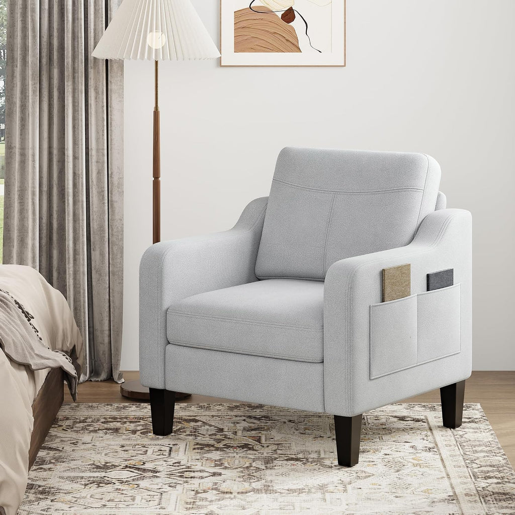 Accent Chair for Living Room Modern Linen Upholstered Armchair Side Wooden Fabric Sofa Chair with Foldable Table 2 Side Pockets Comfy Reading Chair for Bedroom