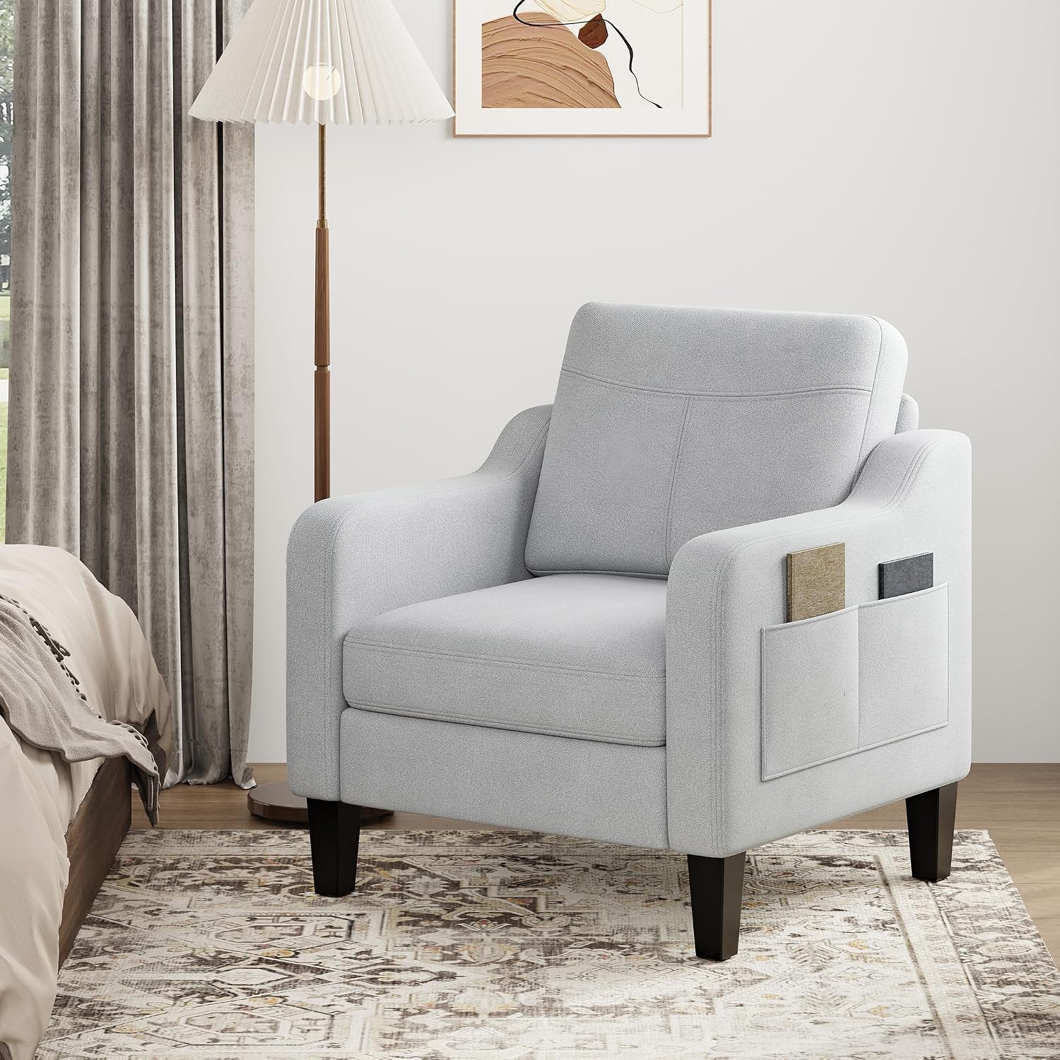 Accent Chair for Living Room Modern Linen Upholstered Armchair Side Wooden Fabric Sofa Chair with Foldable Table 2 Side Pockets Comfy Reading Chair for Bedroom