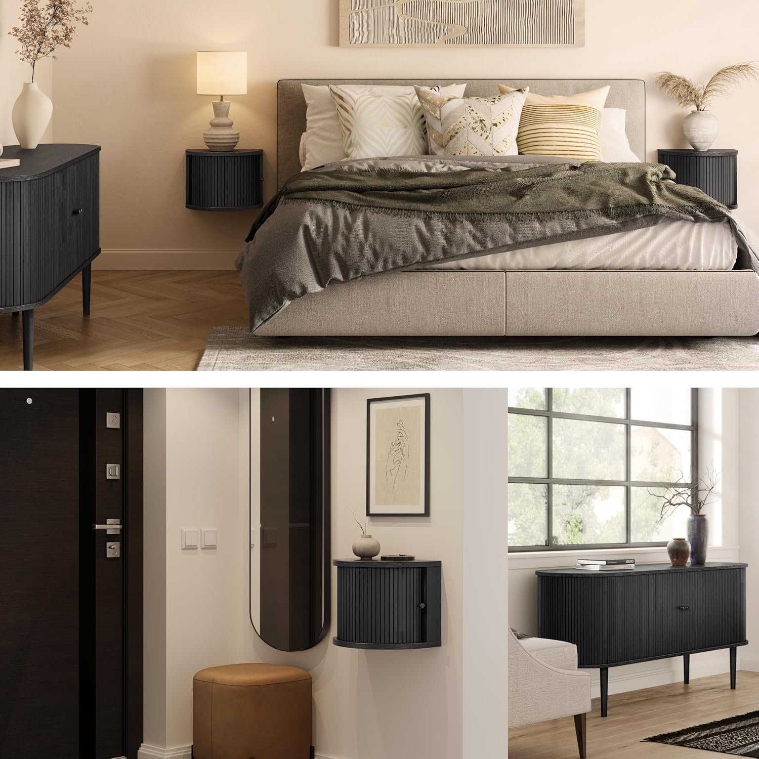 WERMO 16'' Black Floating Nightstand with Storage and Sliding Door - Floating Side Table for Living Room, Bedroom and Office. Mid Century Modern Nightstand Wood, Bedside Shelf Wall Mount (Black Oak)