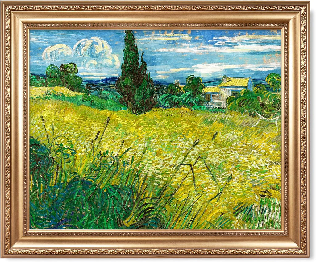 Green Wheat Field with Cypress by Vincent Van Gogh Framed Size:30x36 inches,Image Size:24x30 inches,Golden Frame The World Classic Art Reproductions,Wall Art for Home Decor