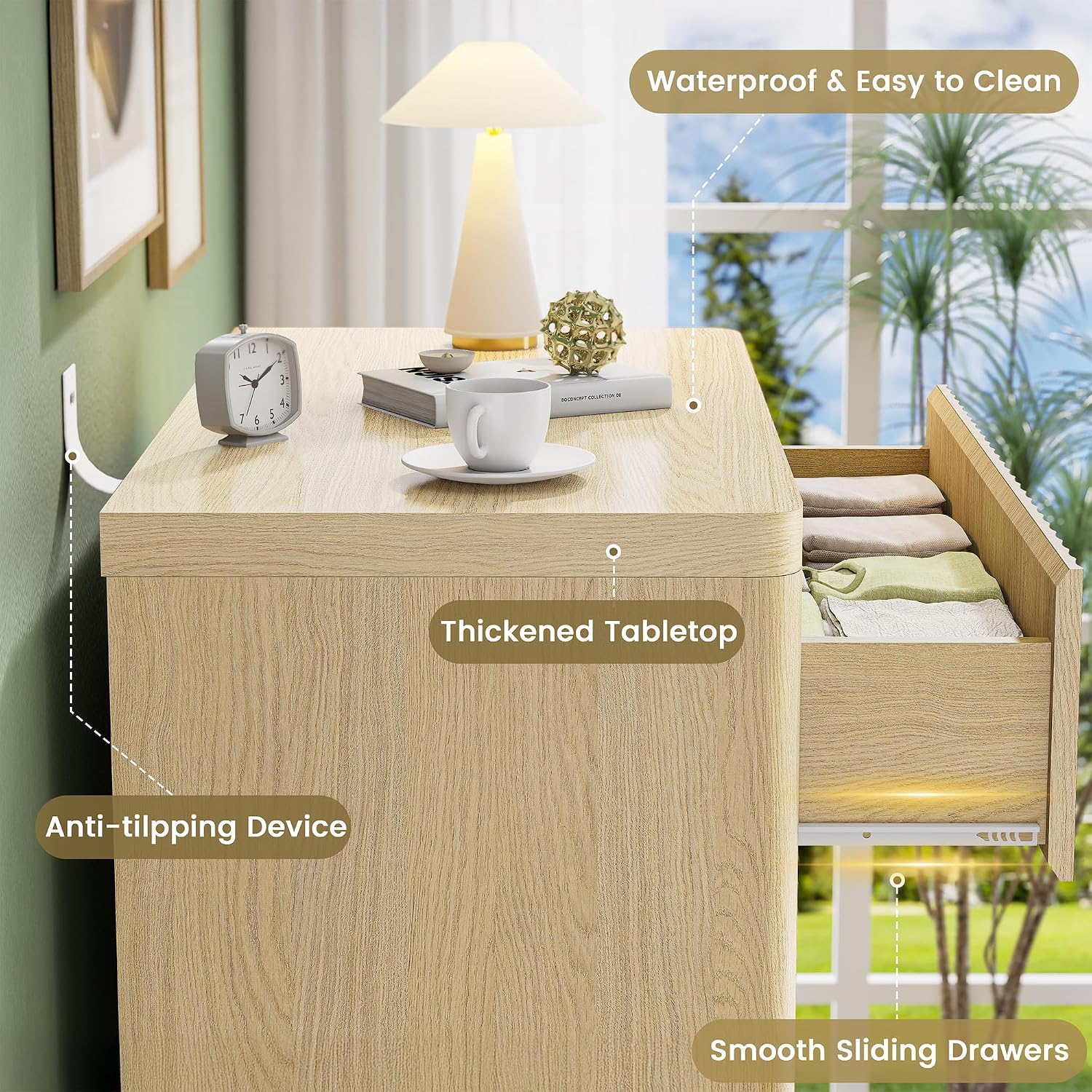 Fluted Nightstand with 3 Drawers, Wood Night Stand with Storage, 25' Wide Side Table, Modern Bedside Table for Bedroom, End Table for Living Room, Handleless Design, Curved Profile, Natural Oak 1PC