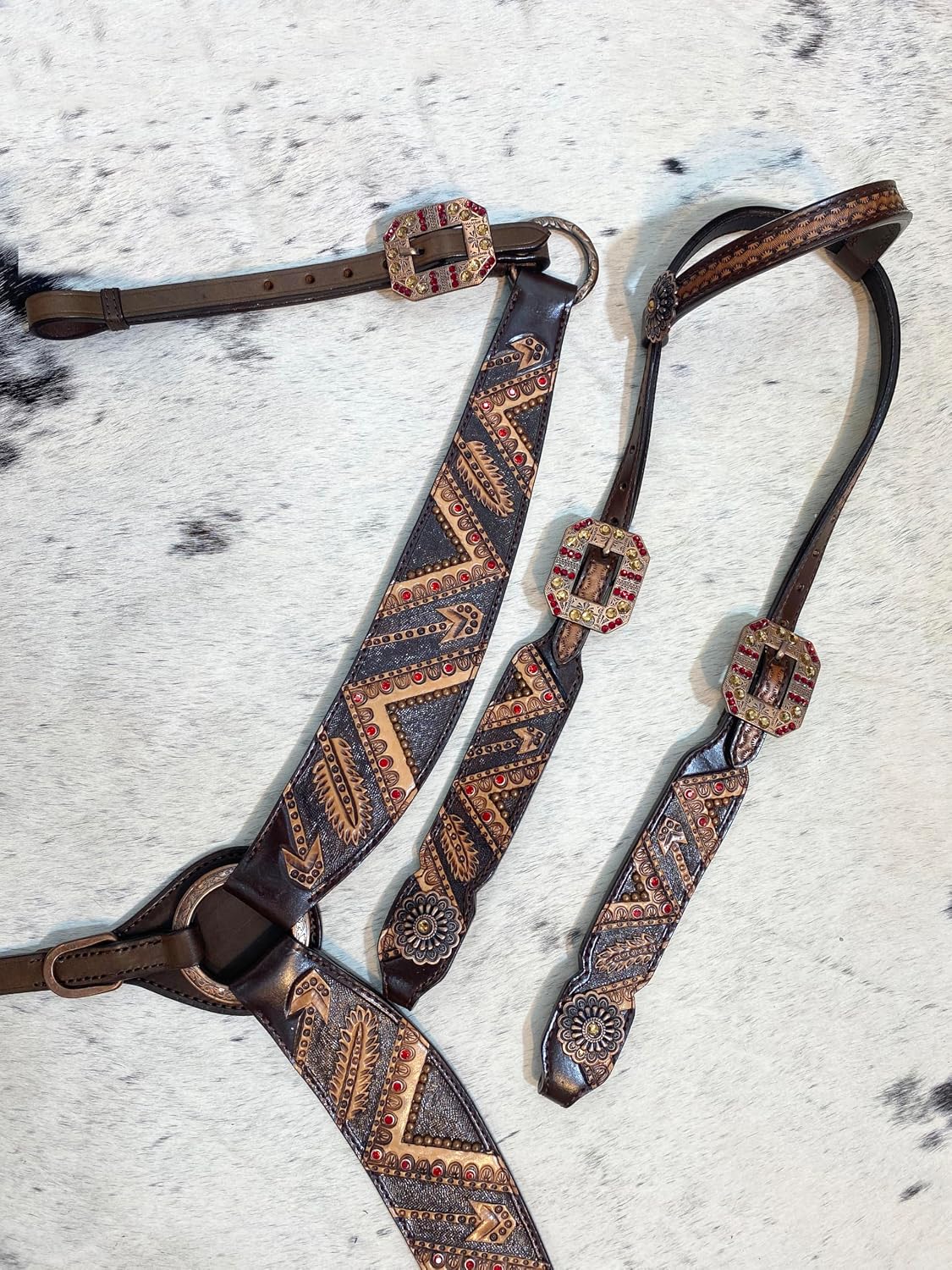 One Ear Western Headstall Bridle Breast Collar Set - Red Rivets and Copper Studs -Genuine Argentina Cow Leather