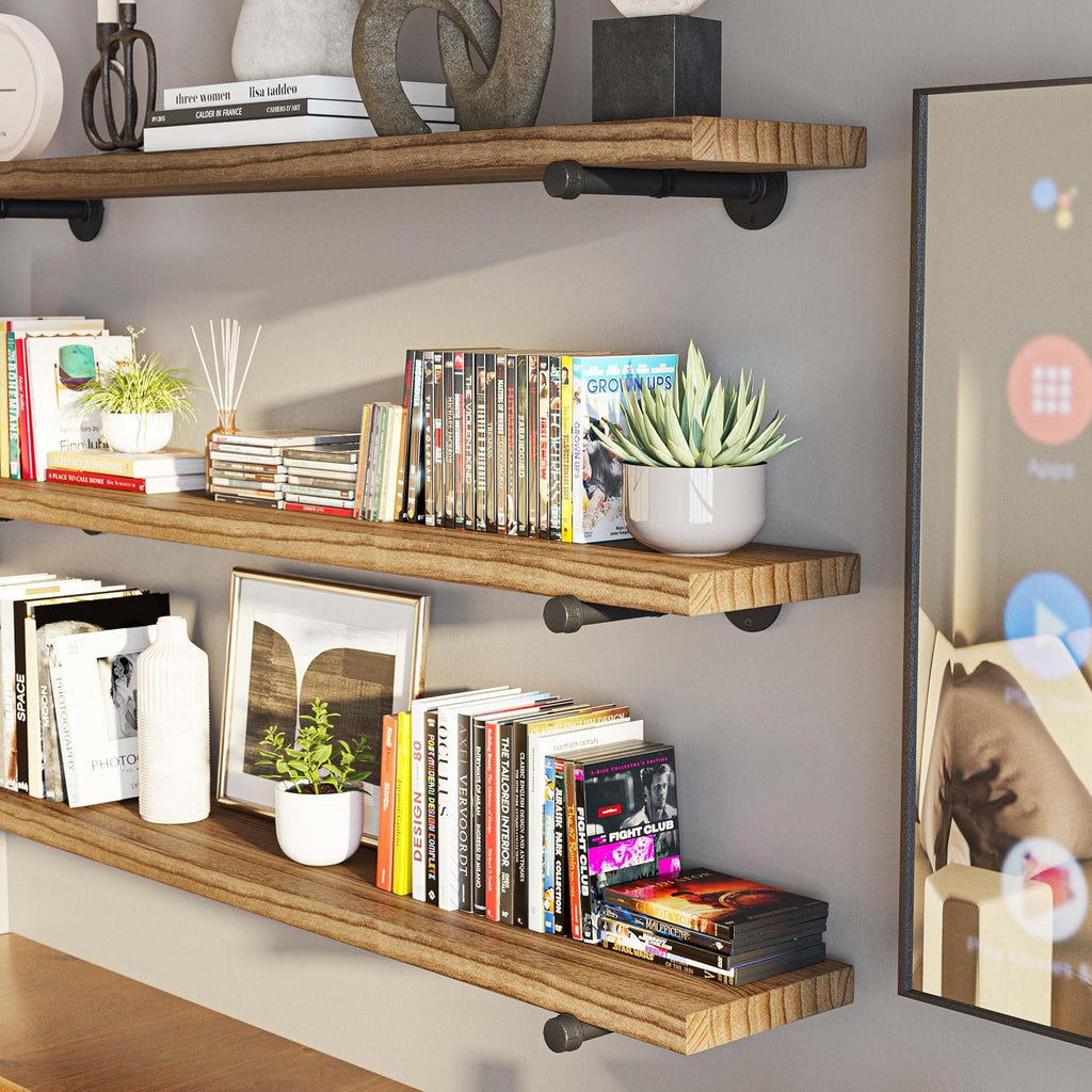 Wallniture Burnt Finish Pipe Wall Shelf - 9.25'' Deep, 1.5'' Thick Solid Wood, Lengths: 48', 60', 72', 84' - Includes Pipe Brackets (60'')