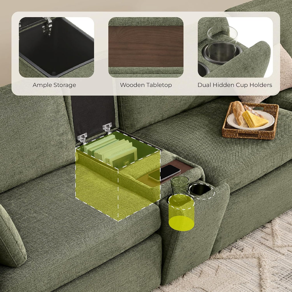CHITA Versatile Storage Console for Modular Sofa, Multifunctional Side Table with Dual Cup Holders, Table, No Need Assembly,Moss Green