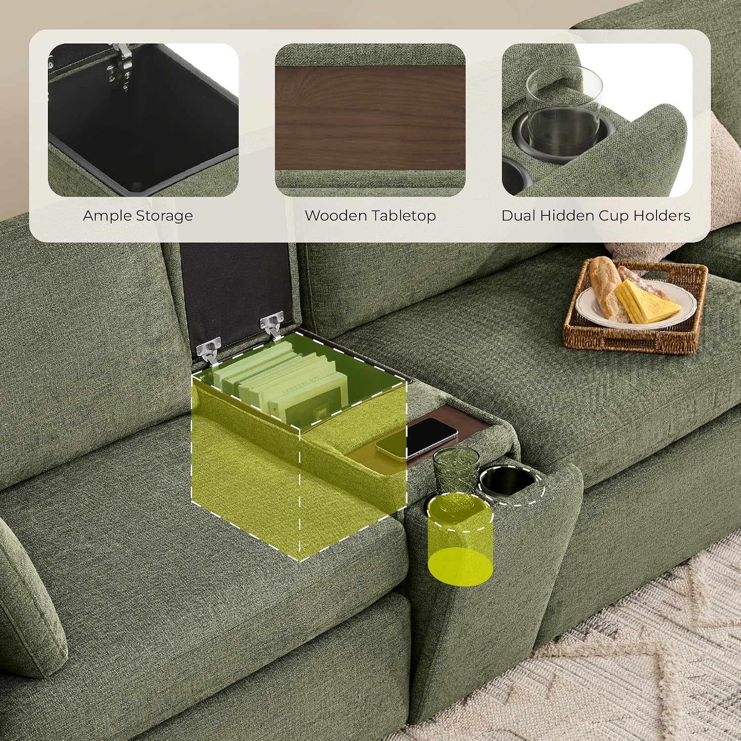 CHITA Versatile Storage Console for Modular Sofa, Multifunctional Side Table with Dual Cup Holders, Table, No Need Assembly,Moss Green