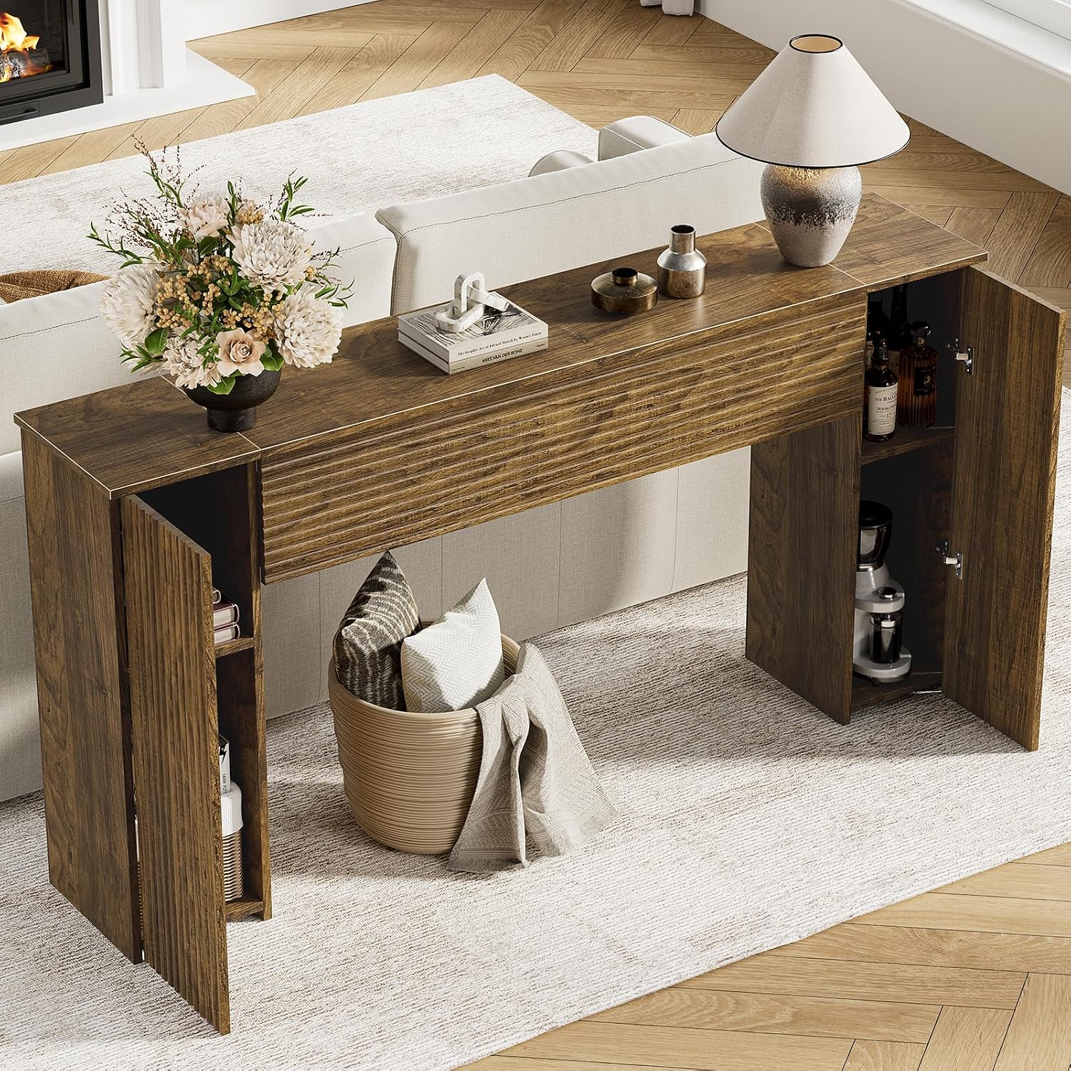FABATO 61'' Fluted Long Console Table, Wooden Rectangular Sofa Table Behind The Couch, Narrow Entryway Table with 2 Hidden Storage Cabinets for Entrance, Hallway, Living Room, Foyer, Brown