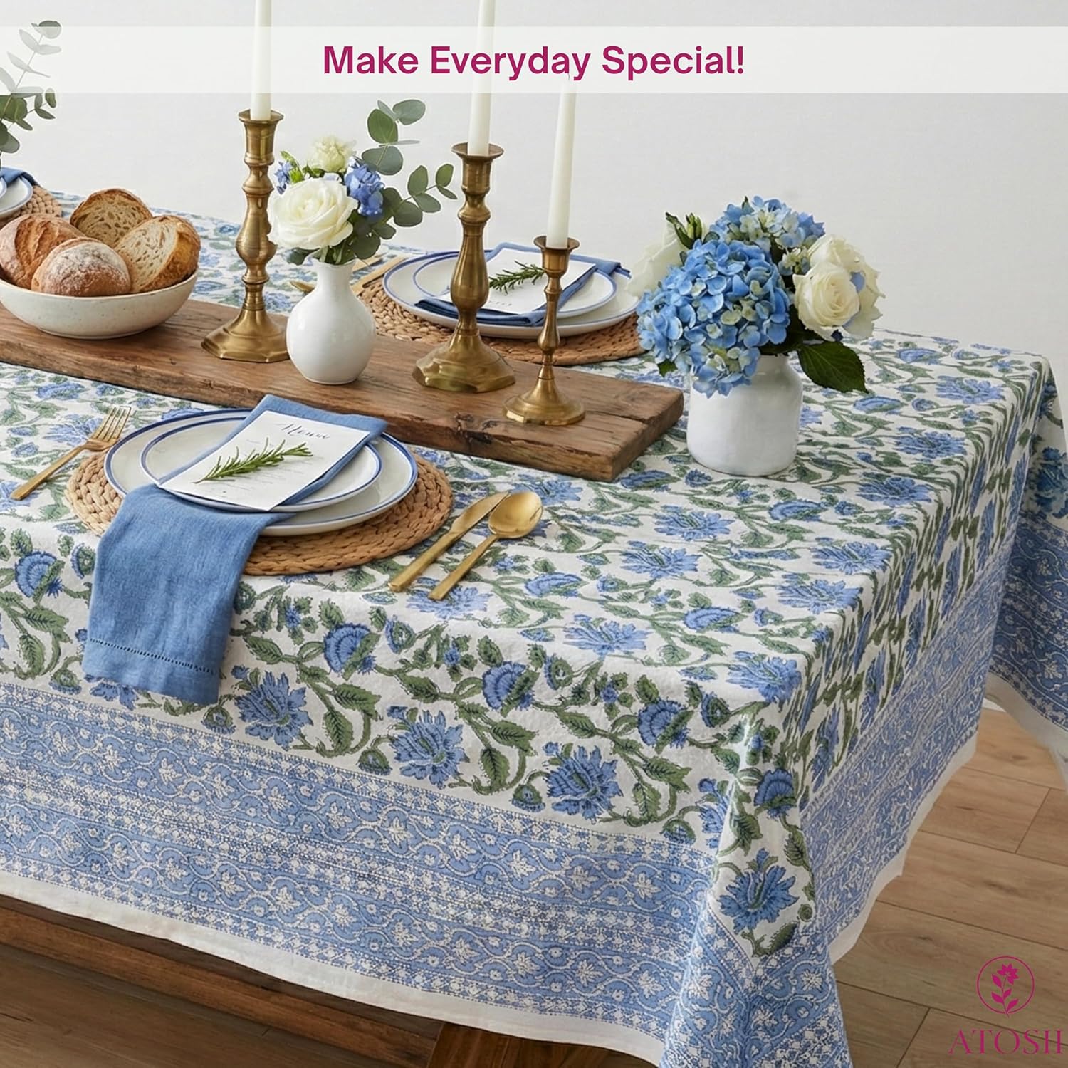 ATOSII Taj 100% Cotton Fall Tablecloth, Handblock Print Rectangle Table Cover for Kitchen Dining Linen I Parties, Thanksgiving, Christmas, Wedding, Table Cloth I 72 X 140 Inches I 12 Seater