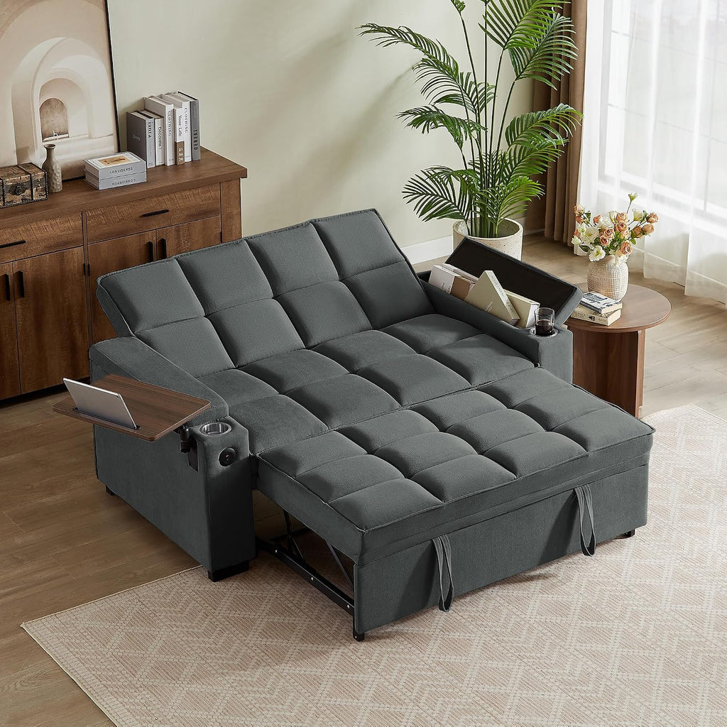 Auvsoce 65'' Chaise Lounge Chair Indoor, 3-in-1 Convertible Sofa Bed with Pull Out Design, 360° Swivel Side Table, Modern Chenille Couch Bed for Living Room