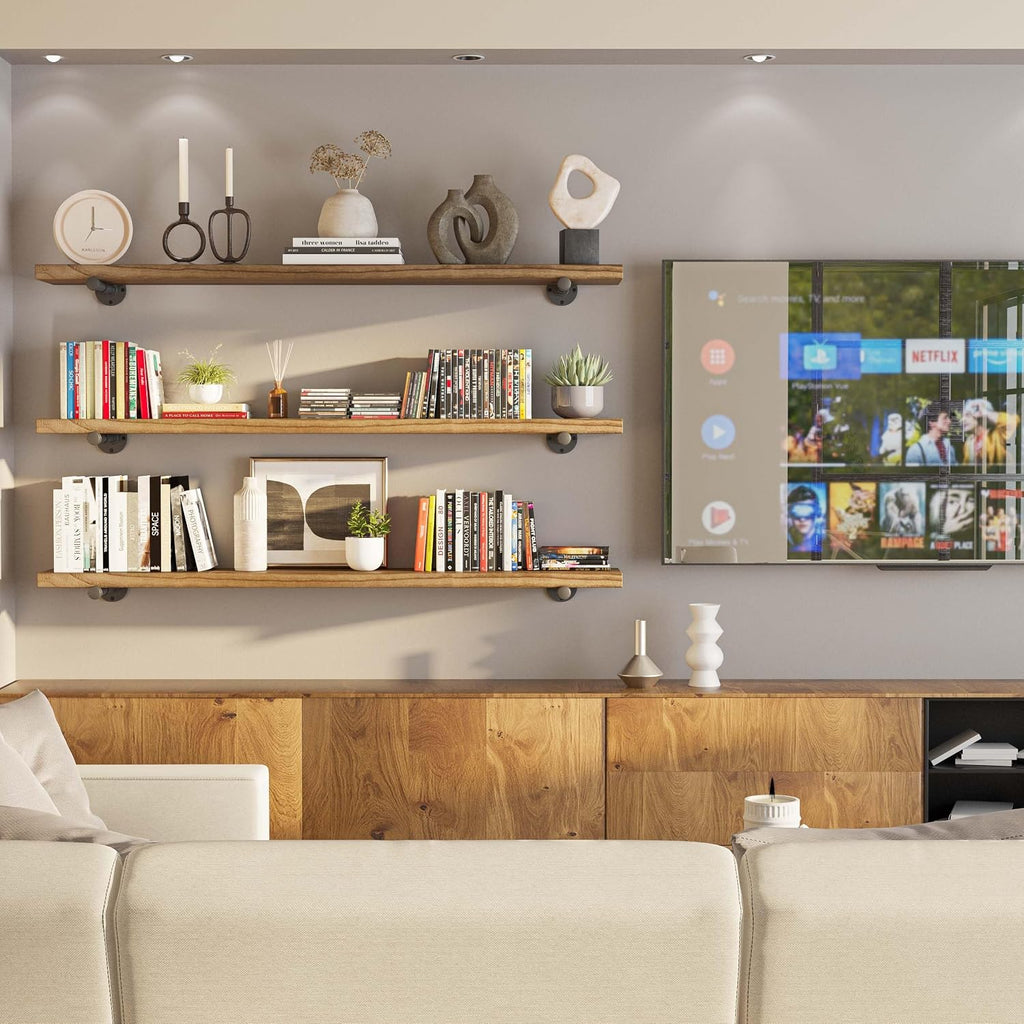 Wallniture Burnt Finish Pipe Wall Shelf - 9.25'' Deep, 1.5'' Thick Solid Wood, Lengths: 48', 60', 72', 84' - Includes Pipe Brackets (60'')
