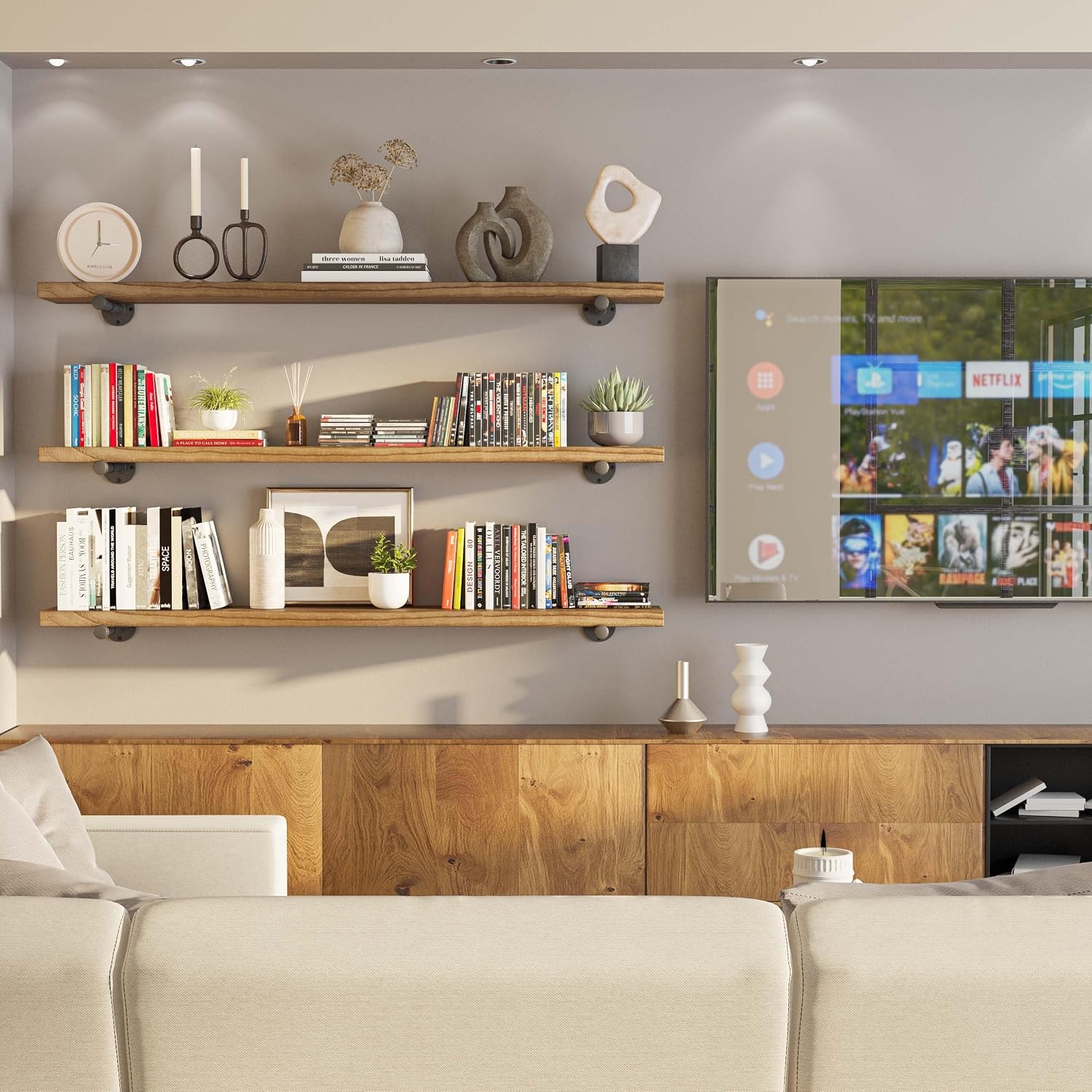 Wallniture Burnt Finish Pipe Wall Shelf - 9.25'' Deep, 1.5'' Thick Solid Wood, Lengths: 48', 60', 72', 84' - Includes Pipe Brackets (60'')