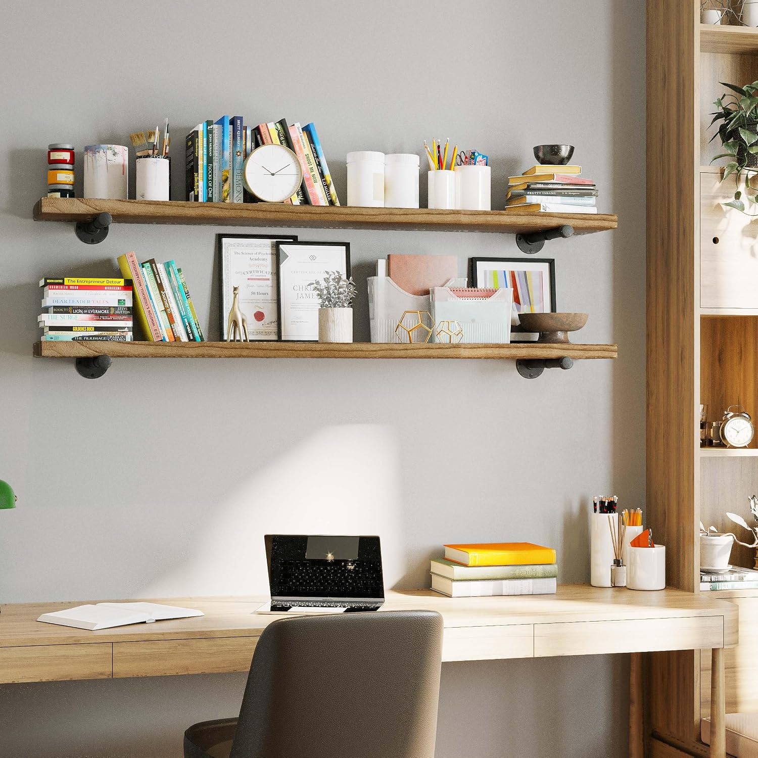 Wallniture Burnt Finish Pipe Wall Shelf - 9.25'' Deep, 1.5'' Thick Solid Wood, Lengths: 48', 60', 72', 84' - Includes Pipe Brackets (60'')