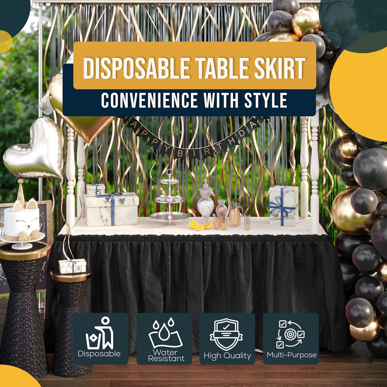 Exquisite Black Table Skirt 48 Pack - Disposable Plastic Table Skirts for Rectangle Tables 6ft 8ft & Round Tables - 29in x 14ft Self-Adhesive Strip - Birthday Wedding Gender Reveal Decor