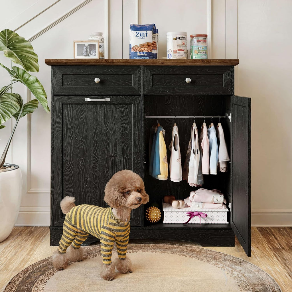 FIMELLO 39.7''W Dual Doors Dog Food Storage Cabinet, Tilt-Out Dog Feeding Station with 4 Feeding Bowls, Pet Feeder Cabinet, Black Grain