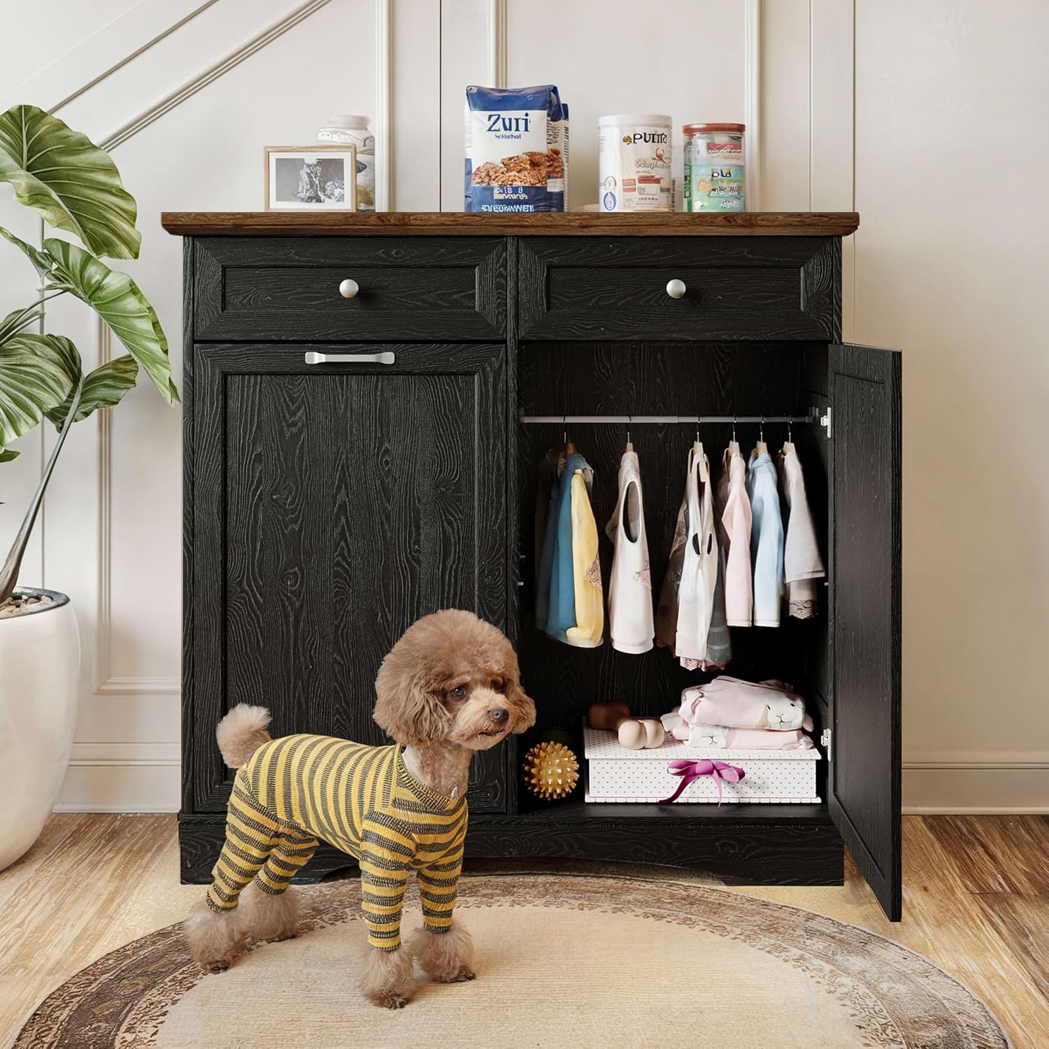 FIMELLO 39.7''W Dual Doors Dog Food Storage Cabinet, Tilt-Out Dog Feeding Station with 4 Feeding Bowls, Pet Feeder Cabinet, Black Grain
