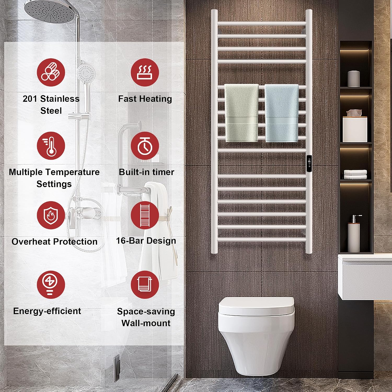 45.3'(L) x 19.5'(W) Wall Mounted Towel Warmer, Heated Towel Racks for Bathroom, Towel Dryer Heater, 16-Bars White, CSA Certified.