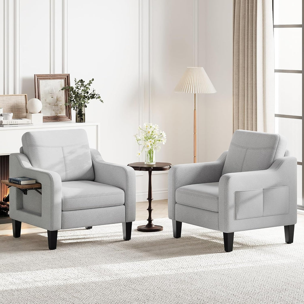 Accent Chair for Living Room Modern Linen Upholstered Armchair Side Wooden Fabric Sofa Chair with Foldable Table 2 Side Pockets Comfy Reading Chair for Bedroom