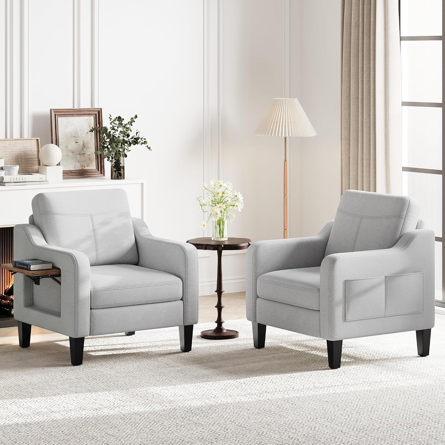 Accent Chair for Living Room Modern Linen Upholstered Armchair Side Wooden Fabric Sofa Chair with Foldable Table 2 Side Pockets Comfy Reading Chair for Bedroom