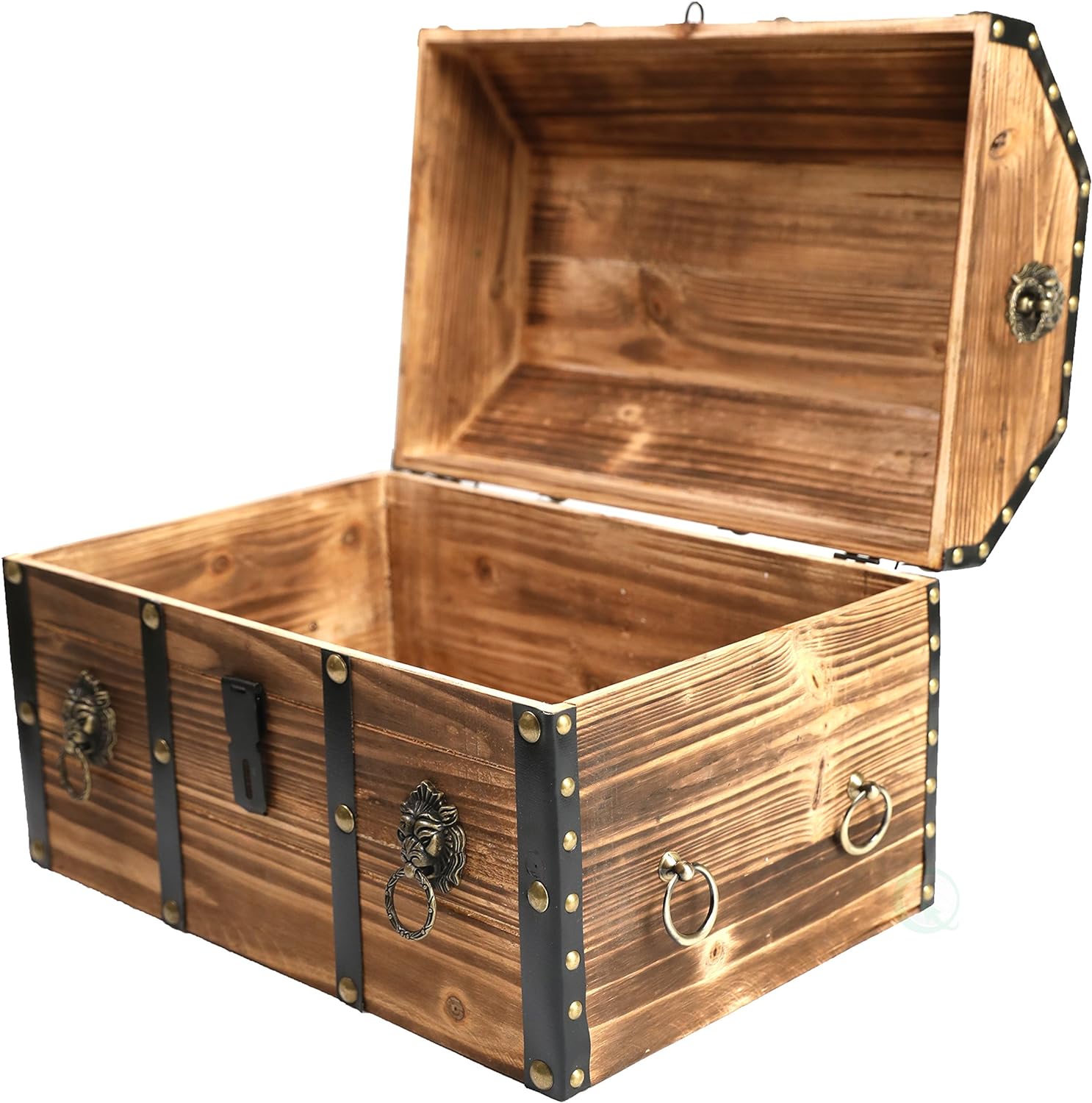 Vintiquewise Wooden Treasure Chest Trunk Vintage-Style Storage Box with Leather Straps Brass Rivets Lion Head Ornaments & Latch Closure Decorative Accent and Functional Organizer for Home Décor, Small
