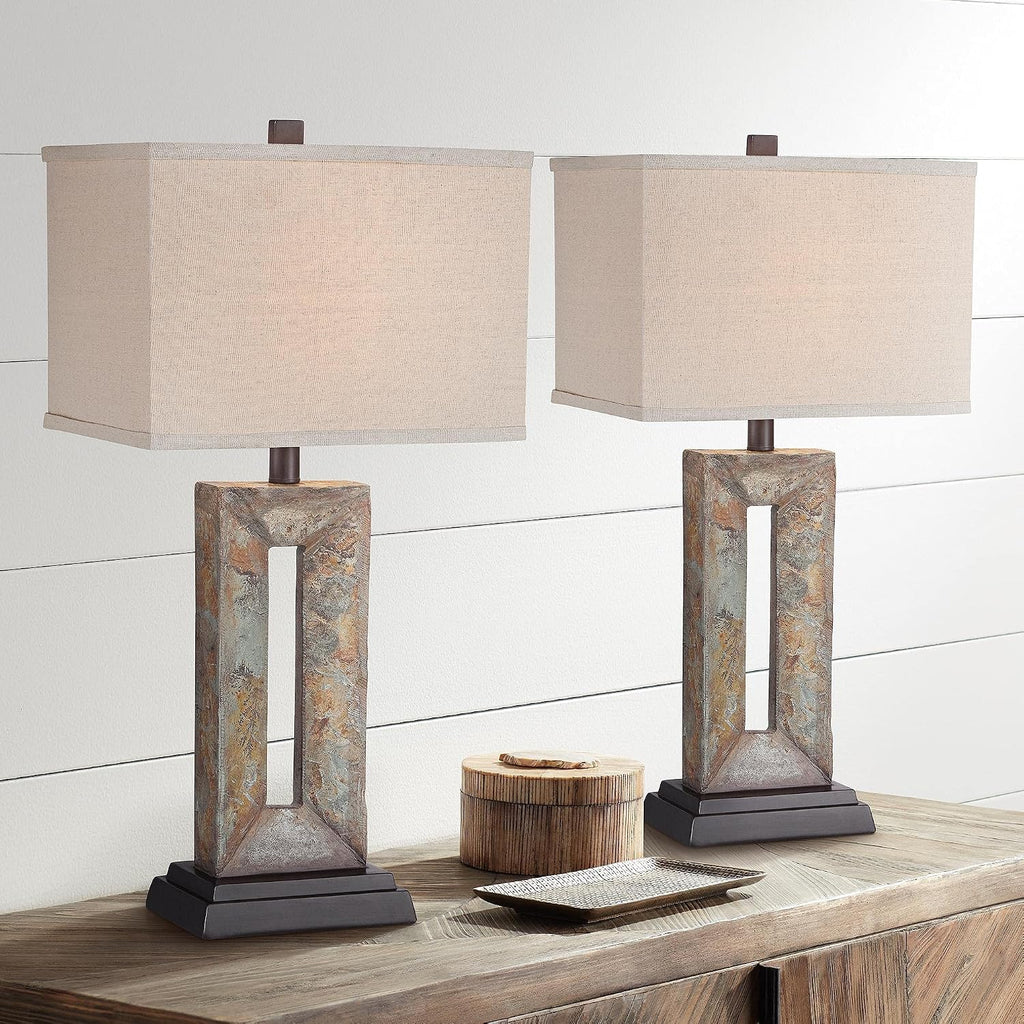 Franklin Iron Works Tahoe Small Rustic Traditional Style Table Lamps 26' High Set of 2 Natural Stale Open Base Rectangular Box Shade for Living Room Bedroom House Bedside Home (Colors May Vary)