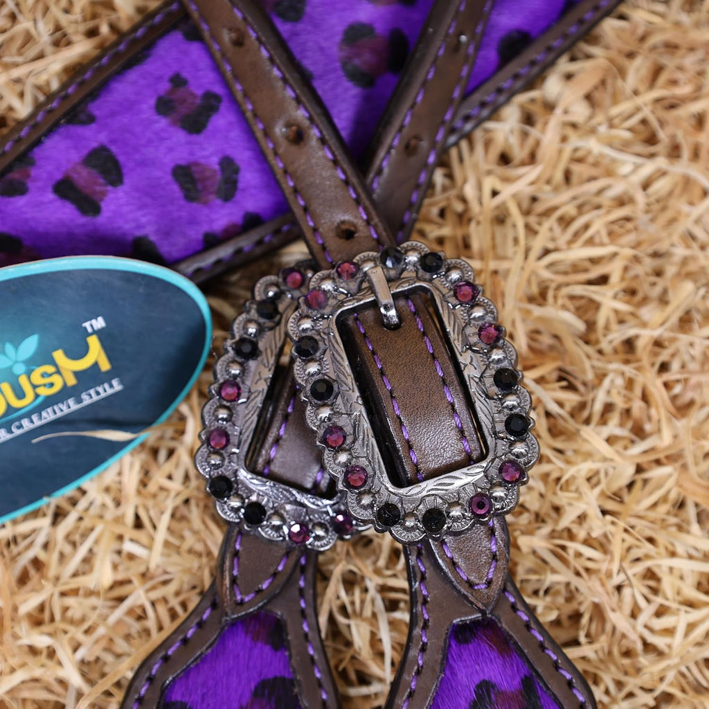 Cheetah Headstall & Breast Collar Tack Set – Gladiator Style with Leopard Print on Leather | Genuine Argentine Cow Leather | Antique Nickel Hardware & Copper Rivet Buckles
