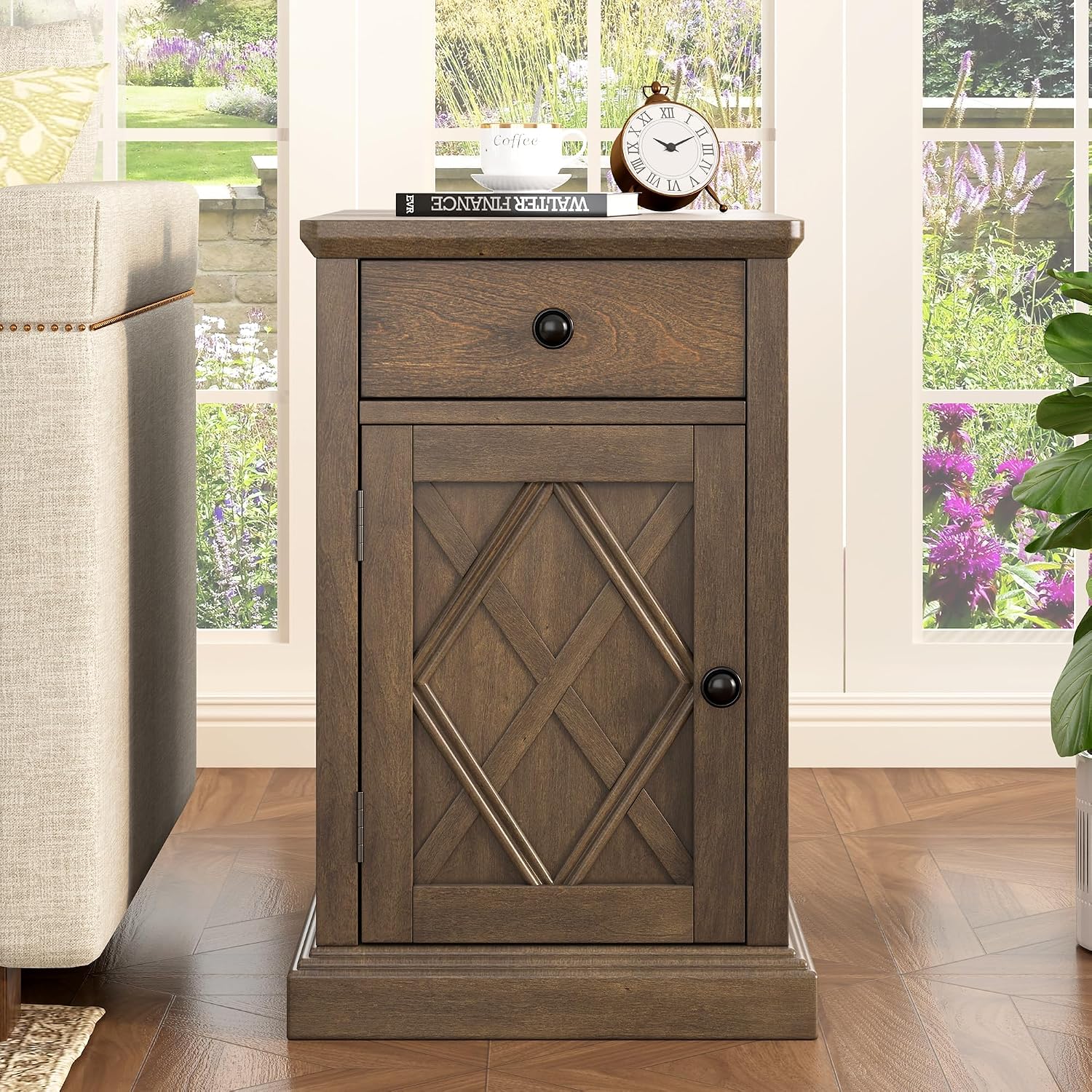 Multifunctional Classic Vintage End Table with USB Ports and 1 Drawer with Cup Holders, Sofa Side Narrow Table with Storage, Bedside Nightstand for Living Room Bedroom (Antique Brown-4.3)