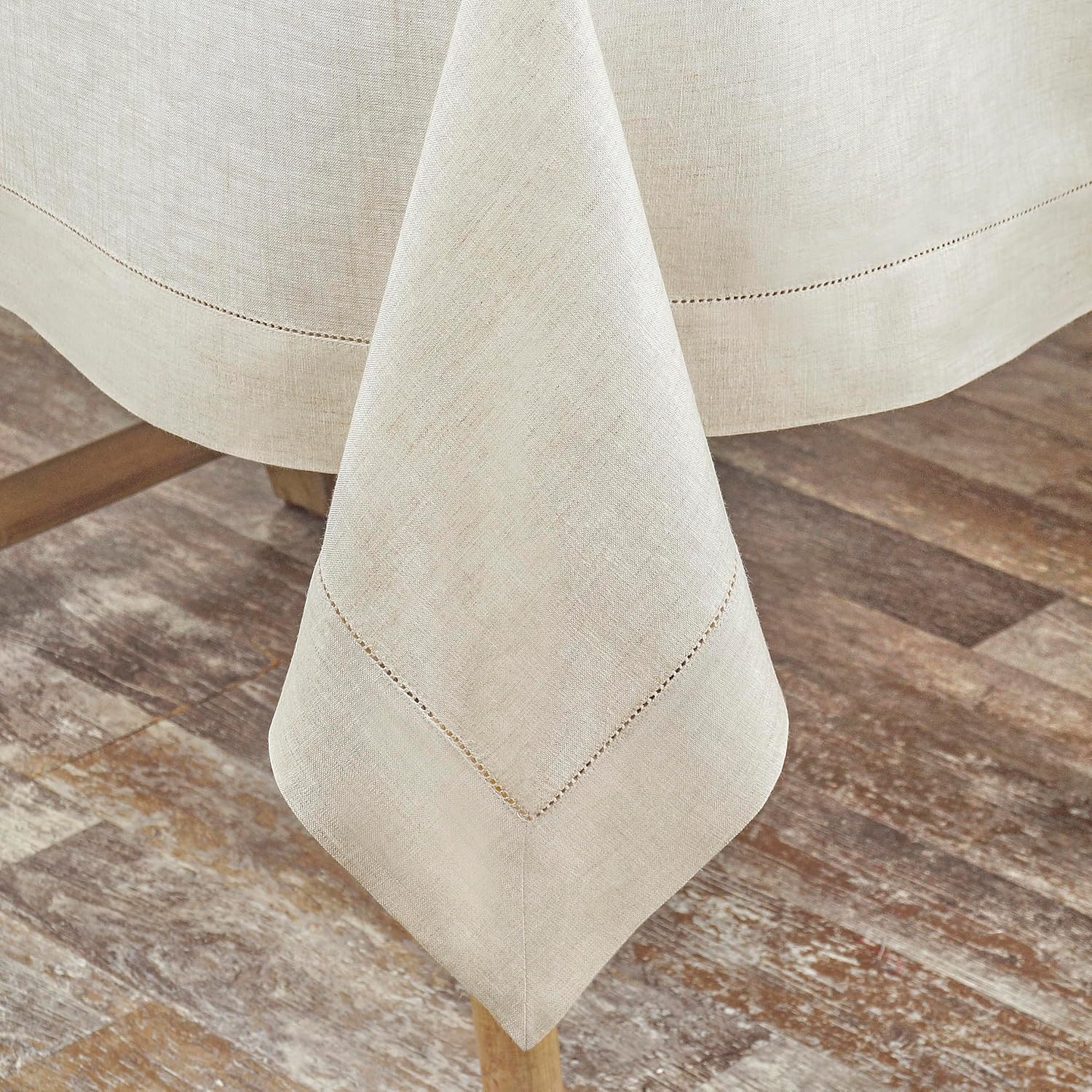 D'Moksha Homes Light Natural Linen Tablecloth 60 x 156 Inch - 100% Pure Linen Natural Tablecloth for Rectangle Tables - Classic Hemstitch, Machine Washable Table Cloth for Mothers Day, Spring