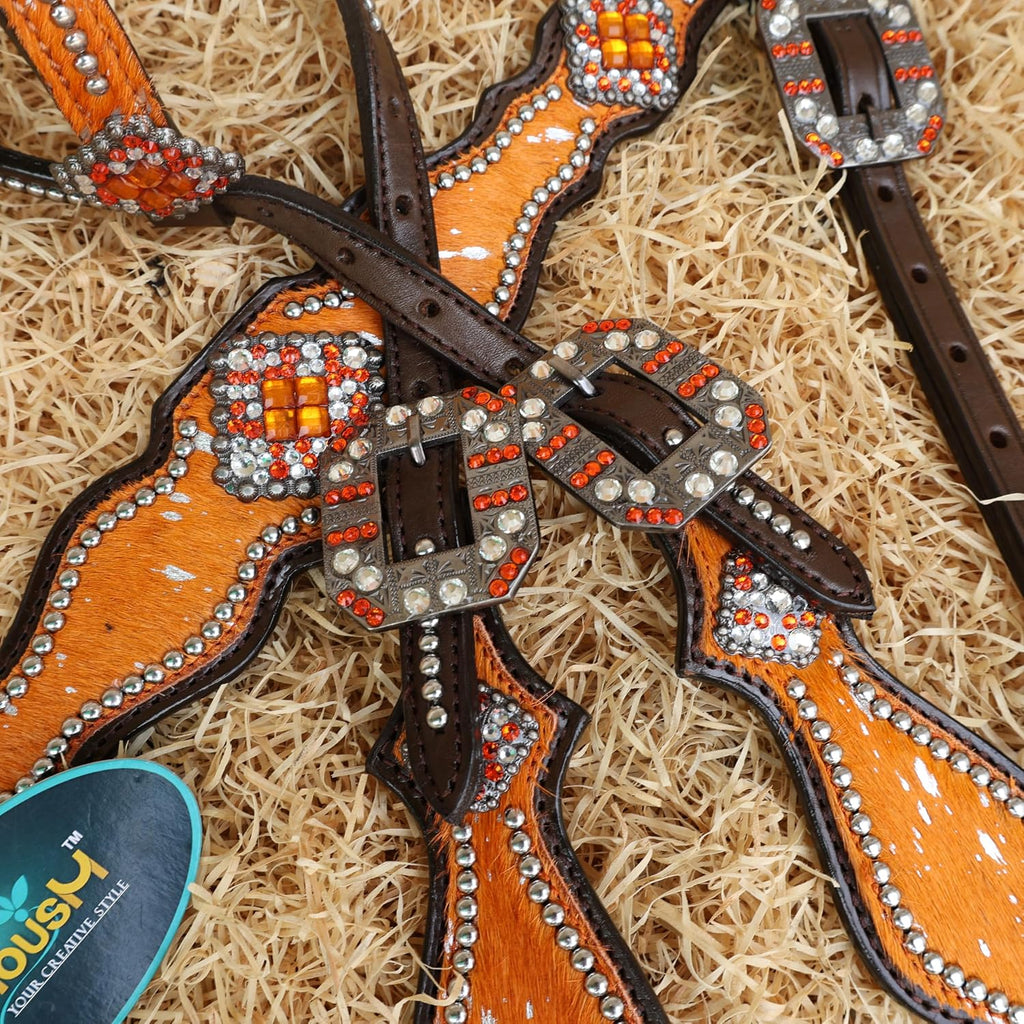 Handmade Western Headstall, Breast Collar, Spur Strap, Wither Strap Tack Set for Horse with Orange and Silver Metallic Acid Wash Cowhide Look