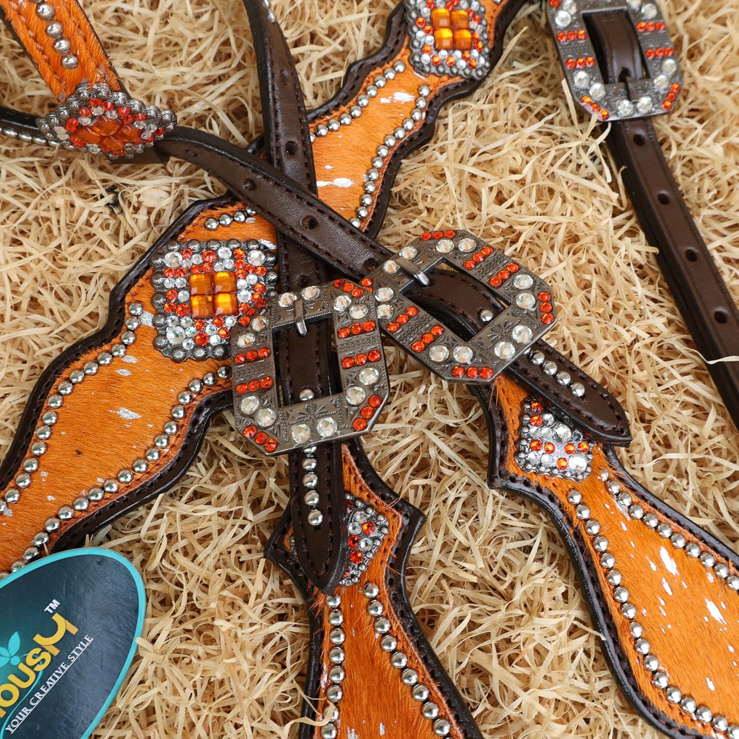Handmade Western Headstall, Breast Collar, Spur Strap, Wither Strap Tack Set for Horse with Orange and Silver Metallic Acid Wash Cowhide Look