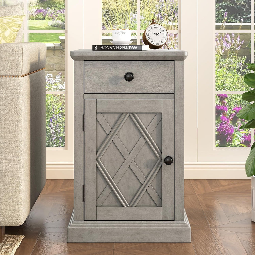 Multifunctional Classic Vintage End Table with USB Ports and 1 Drawer with Cup Holders, Sofa Side Narrow Table with Storage, Bedside Nightstand for Living Room Bedroom (Antique Gray-4.3)