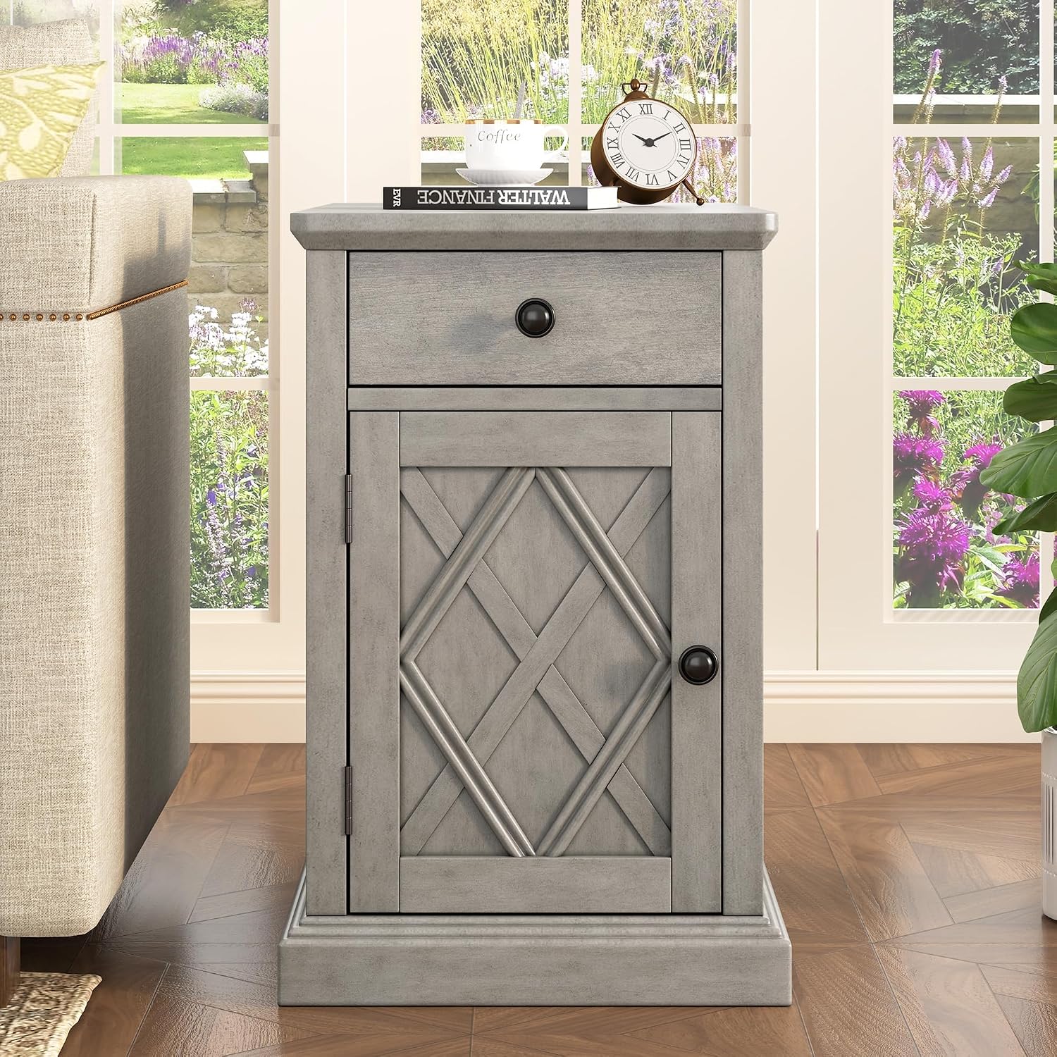 Multifunctional Classic Vintage End Table with USB Ports and 1 Drawer with Cup Holders, Sofa Side Narrow Table with Storage, Bedside Nightstand for Living Room Bedroom (Antique Gray-4.3)