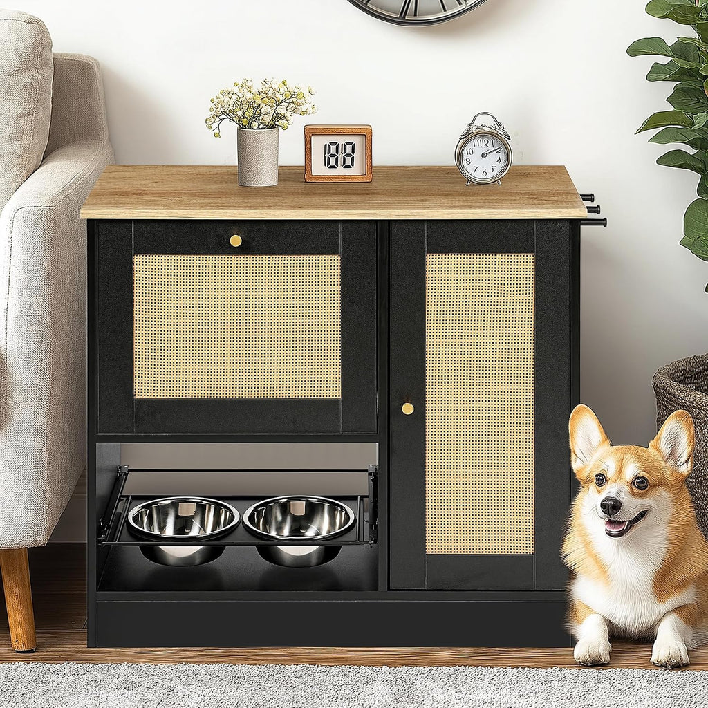 Feeding Station with 2 Lockers, Pet Feeding Station with 2 Elevated Dog Bowls, Side Hooks, Anti-Tipping Kit, Hidden Pet Feeding Station for Feeding and Watering, Rattan Door, Black