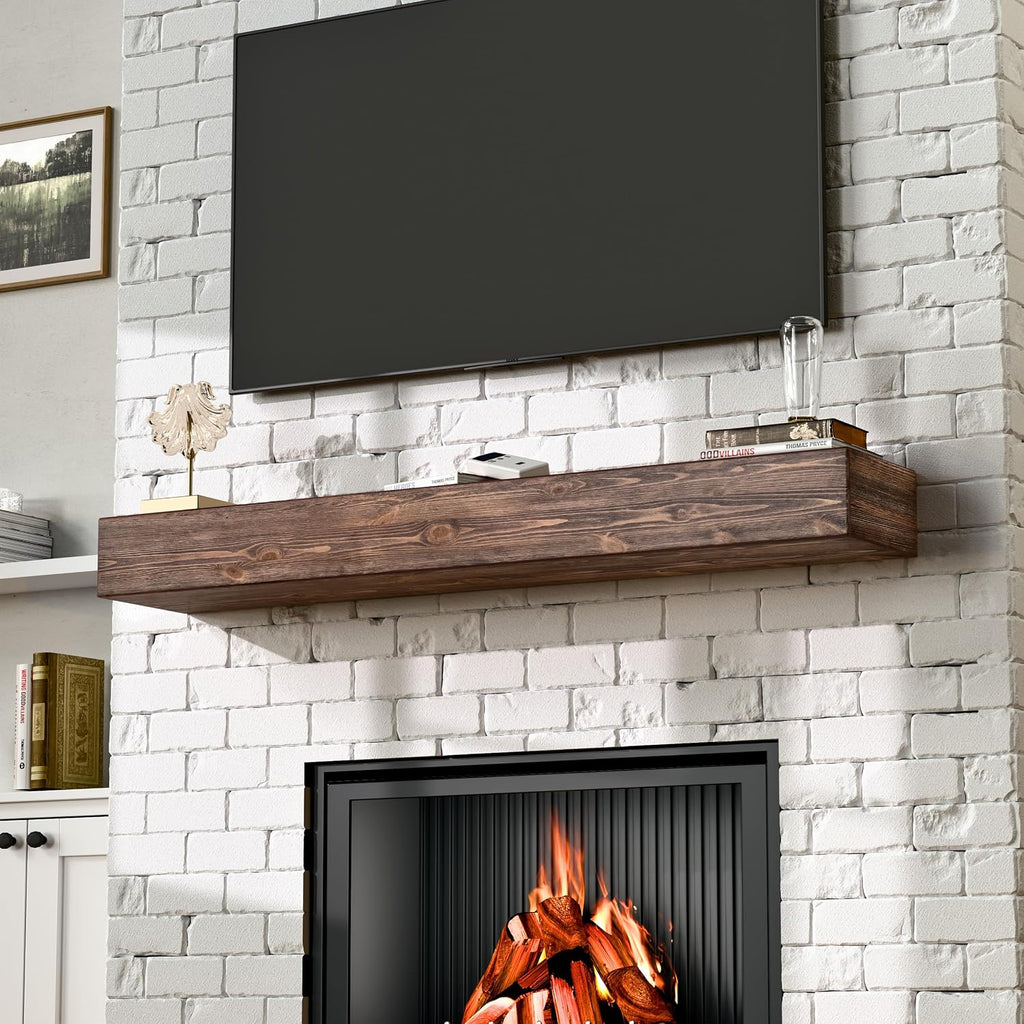 60 Inch Fireplace Mantel Shelf - 8' Deep Solid Wood Floating Mantel for Over Fireplace - 90LBS with Invisible Bracket - Handcrafted TV Decor for Livingroom & Bedroom - Charred Rustic Brown