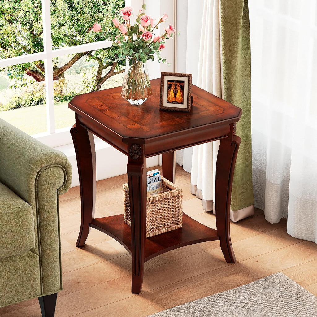 PADMA HOUSE Solid Wood Small End Table with Storage Shelf, Vintage Square Sofa Side Table with Splicing Tabletop and Curved Legs, 2-Tier Bedside Tables Nightstand in Cherry,19.7' Dx23.8 H