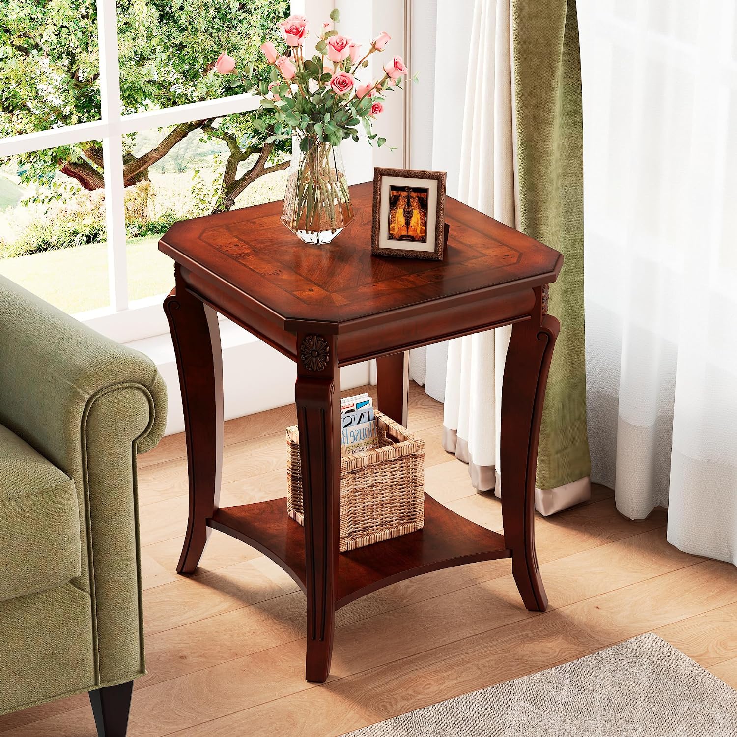 PADMA HOUSE Solid Wood Small End Table with Storage Shelf, Vintage Square Sofa Side Table with Splicing Tabletop and Curved Legs, 2-Tier Bedside Tables Nightstand in Cherry,19.7' Dx23.8 H