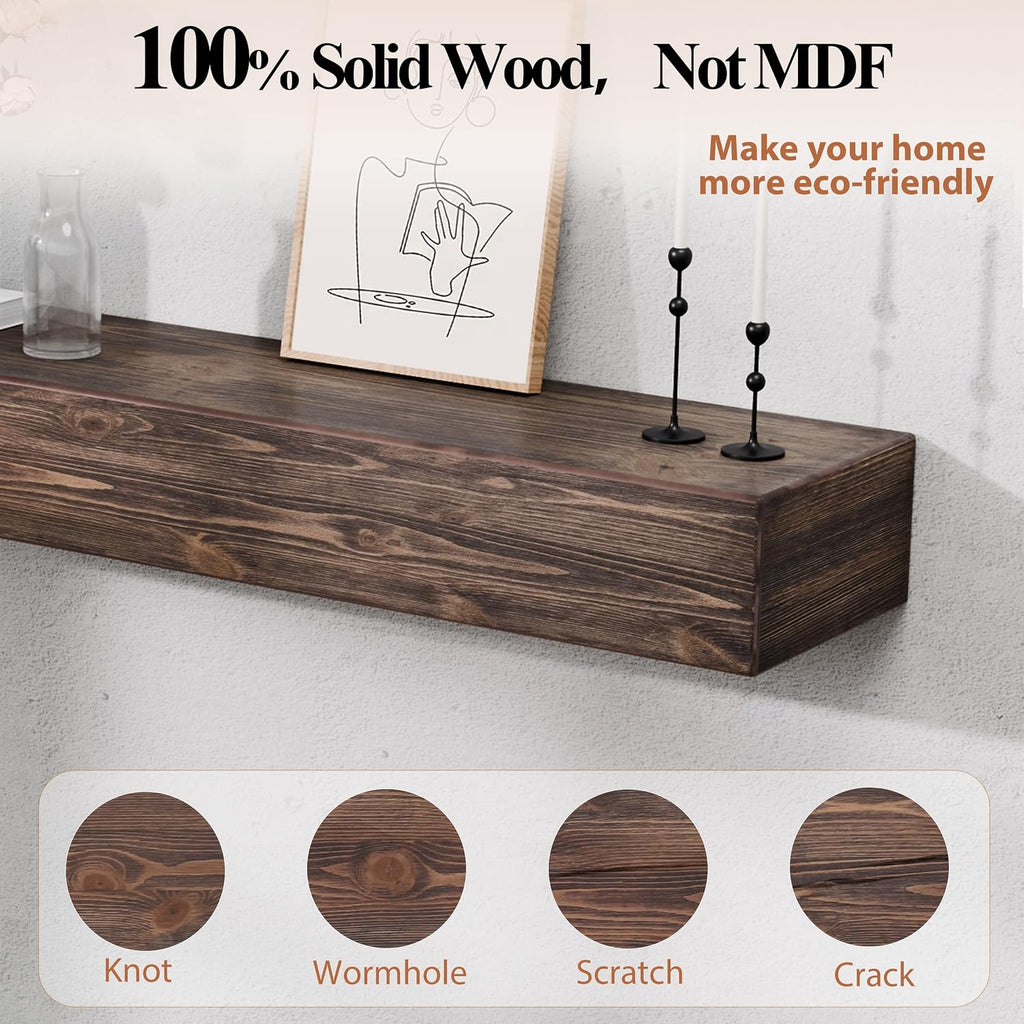 72 Inch Fireplace Mantel Shelf - 8' Deep Solid Wood Floating Mantel for Over Fireplace - 120LBS with Invisible Bracket - Handcrafted TV Decor for Livingroom & Bedroom - Charred Rustic Brown